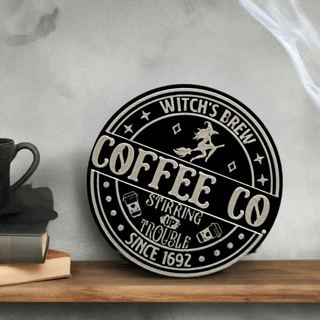 Witches Brew Coffee Co Sign | Halloween 2025 Decor | Spooky Barista Prop | Haunted Cafe Art - BatCountryCraftsUSA