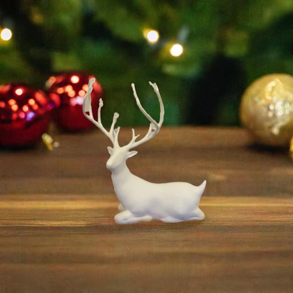 Laying Christmas Deer | Peaceful Winter Reindeer Figure | Holiday Deer Display | Elegant Resting Deer Decor | Mantel Accent Piece - BatCountryCraftsUSA