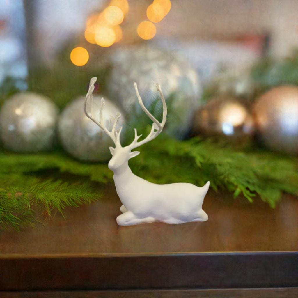 Laying Christmas Deer | Peaceful Winter Reindeer Figure | Holiday Deer Display | Elegant Resting Deer Decor | Mantel Accent Piece - BatCountryCraftsUSA