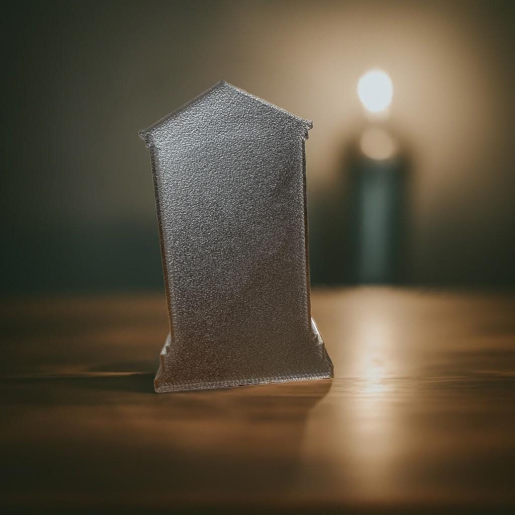 Gothic tombstone photographed in dramatic lighting with candle glow in background, showcasing textured stone-like finish and silhouette against moody dark setting, emphasizing the monument's dramatic profile and medieval aesthetic