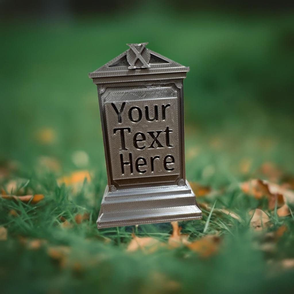 Custom gothic medieval tombstone prop with personalized inscription and decorative crest, handcrafted 3D printed monument in weathered stone finish with moss details, perfect for DnD gaming room decor, fantasy displays, and gothic home decoration