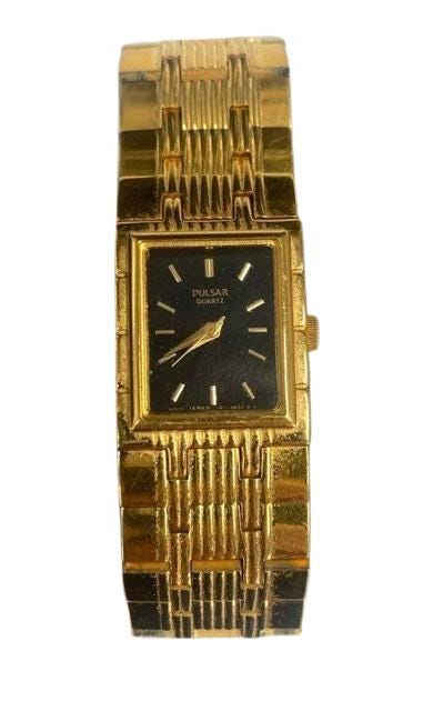 Vintage Pulsar Quartz Gold Watch | 8K Gold Plated Link Band & 14K Clasp | Rectangular Black Dial Japan Movement | Women's Dress Watch - BatCountryCraftsUSA