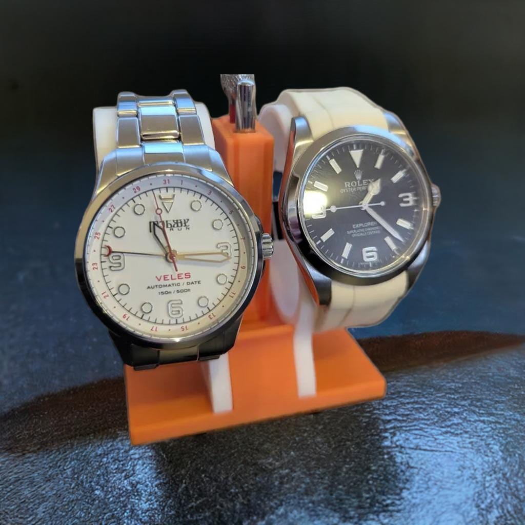 Double Watch Stand with Tool Slots | Compact Display Holder for Smaller Wrists | Strap Change Organizer for Desk, Dresser, or Watch Bench - BatCountryCraftsUSA