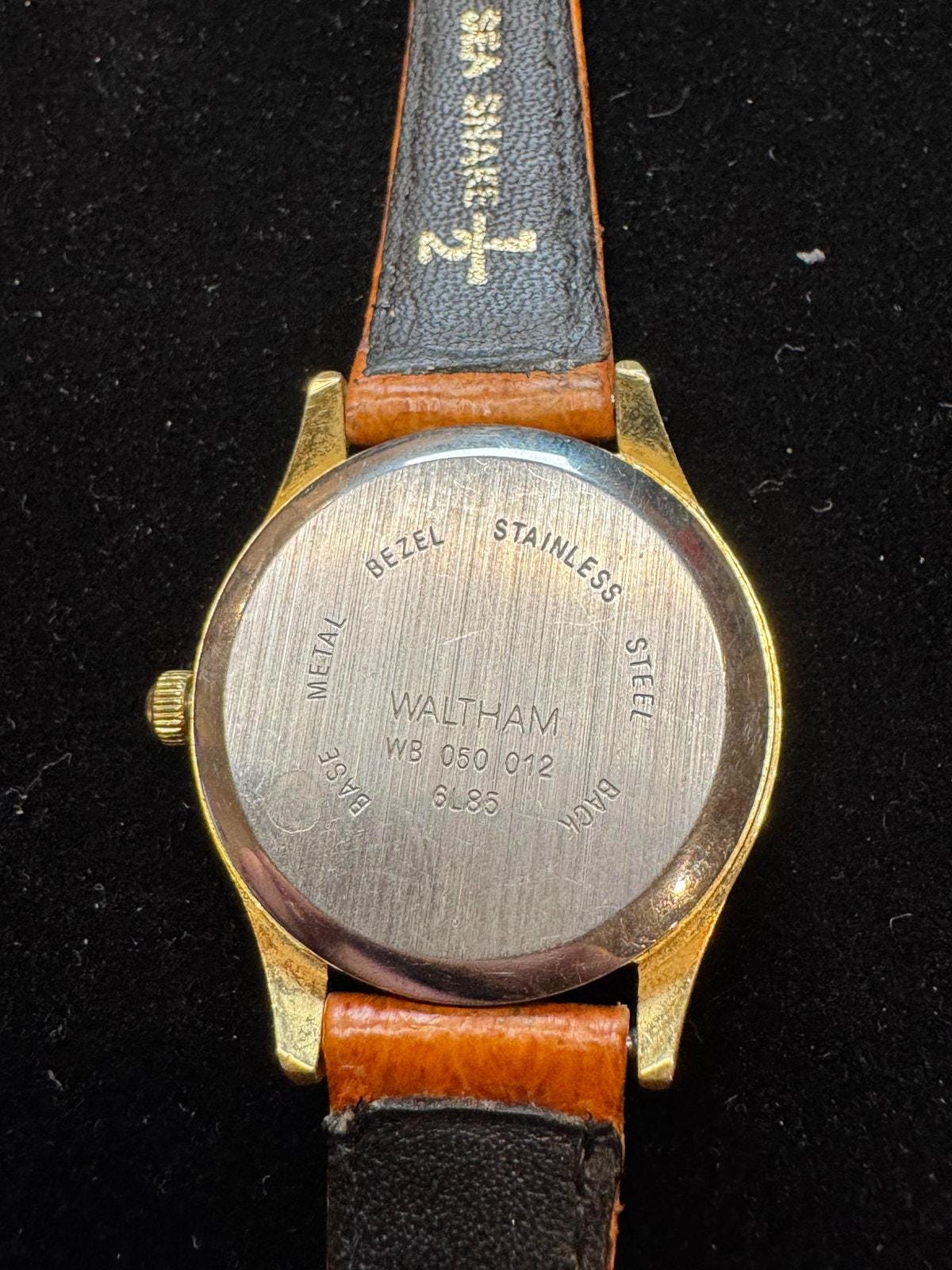Vintage Waltham Moon Phase Watch - Gold Case | White Dial | Blue Moon Complication | Date Window | Genuine Leather Band | WB 050 012 - BatCountryCraftsUSA