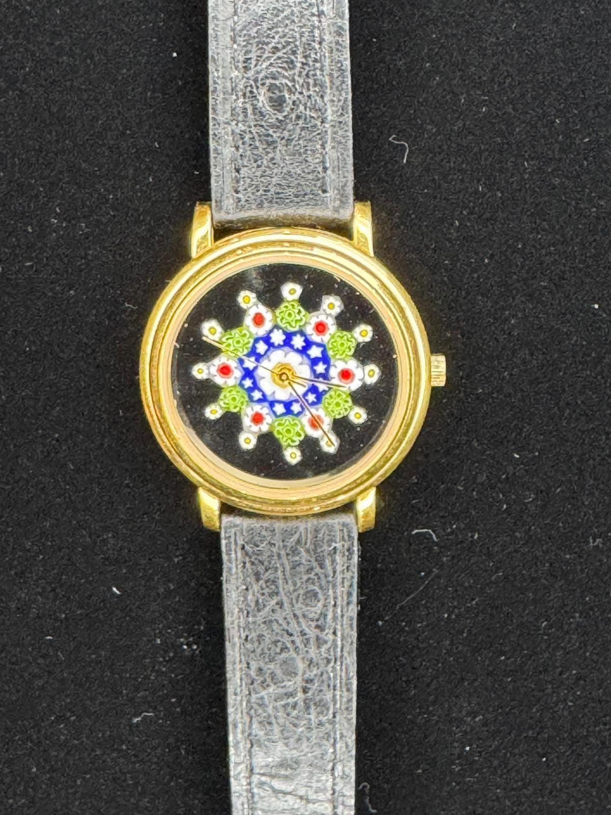 Vintage Millefiori Art Glass Watch - Gold Case | Colorful Floral Dial | Genuine Leather Two-Tone Band | Collectible Timepiece - BatCountryCraftsUSA