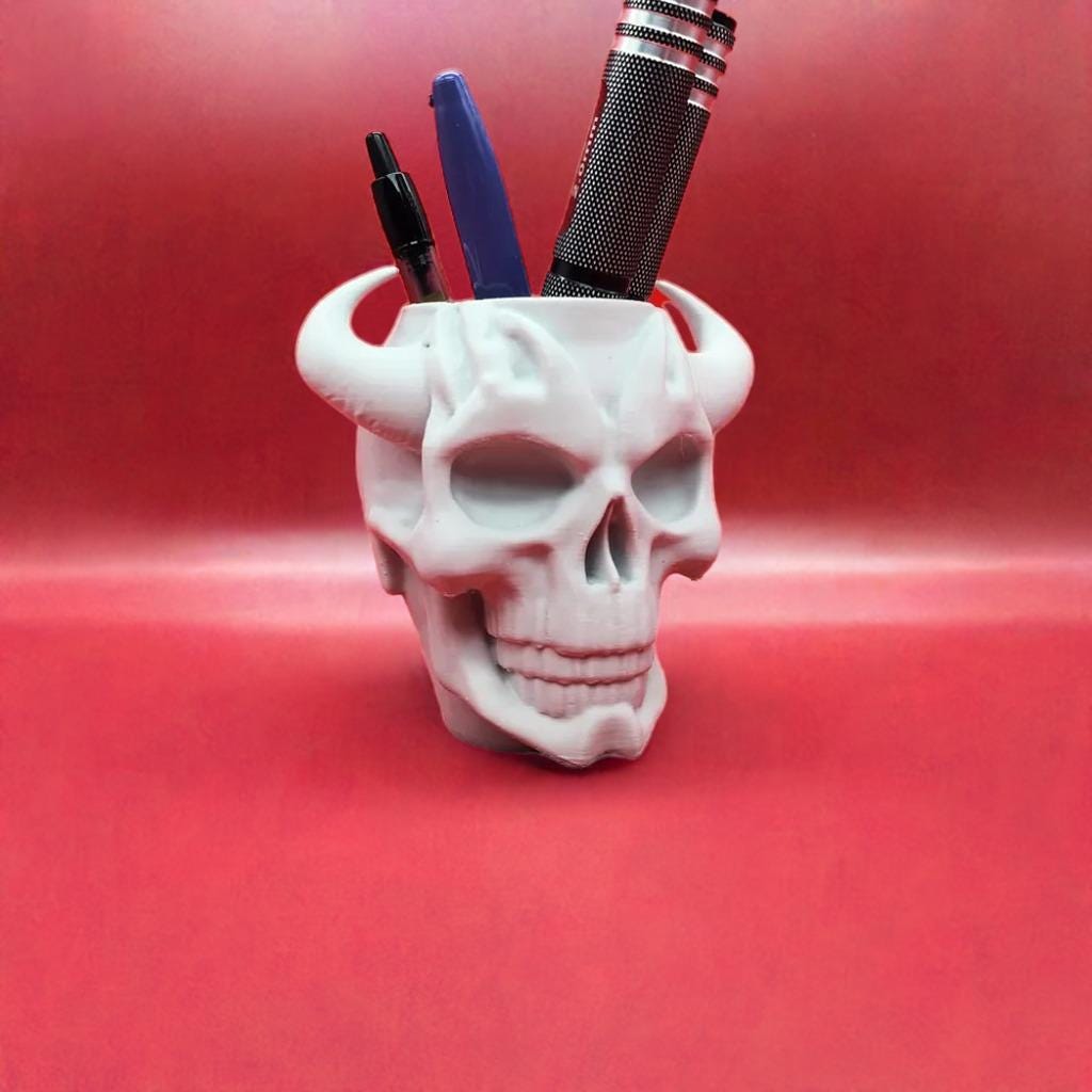 Demon Skull Pen Cup | Horned Skeleton Pen Holder | Gothic Office Accessory | Halloween Pencil Organizer | Dark Fantasy Decor - BatCountryCraftsUSA