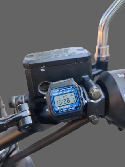 Motorcycle Handlebar Casio F-105W Watch Mount | Digital Clock Mount for Brake Reservoir | Moto Time Display for Cafe Racer & Street Bikes - BatCountryCraftsUSA