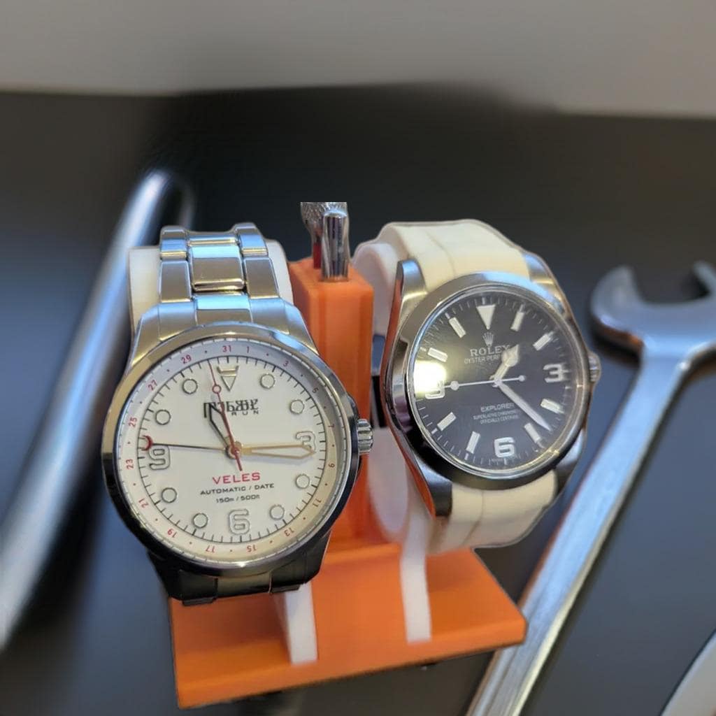 Double Watch Stand with Tool Slots | Compact Display Holder for Smaller Wrists | Strap Change Organizer for Desk, Dresser, or Watch Bench - BatCountryCraftsUSA
