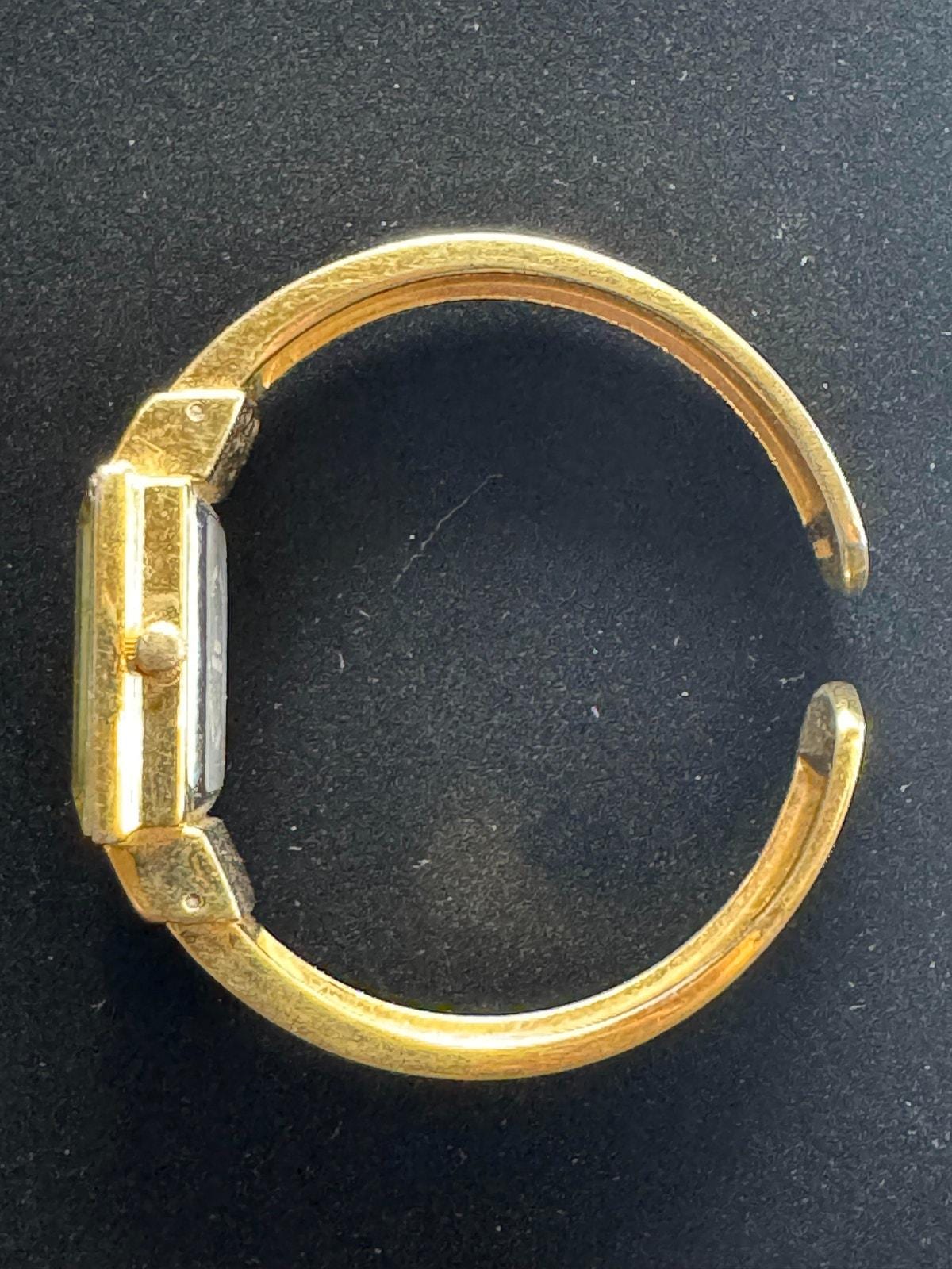 Vintage Ladies Bangle Watch - Gold Tone | Rectangular Case | Silver Dial | Japan Movement | Open Cuff Design - BatCountryCraftsUSA