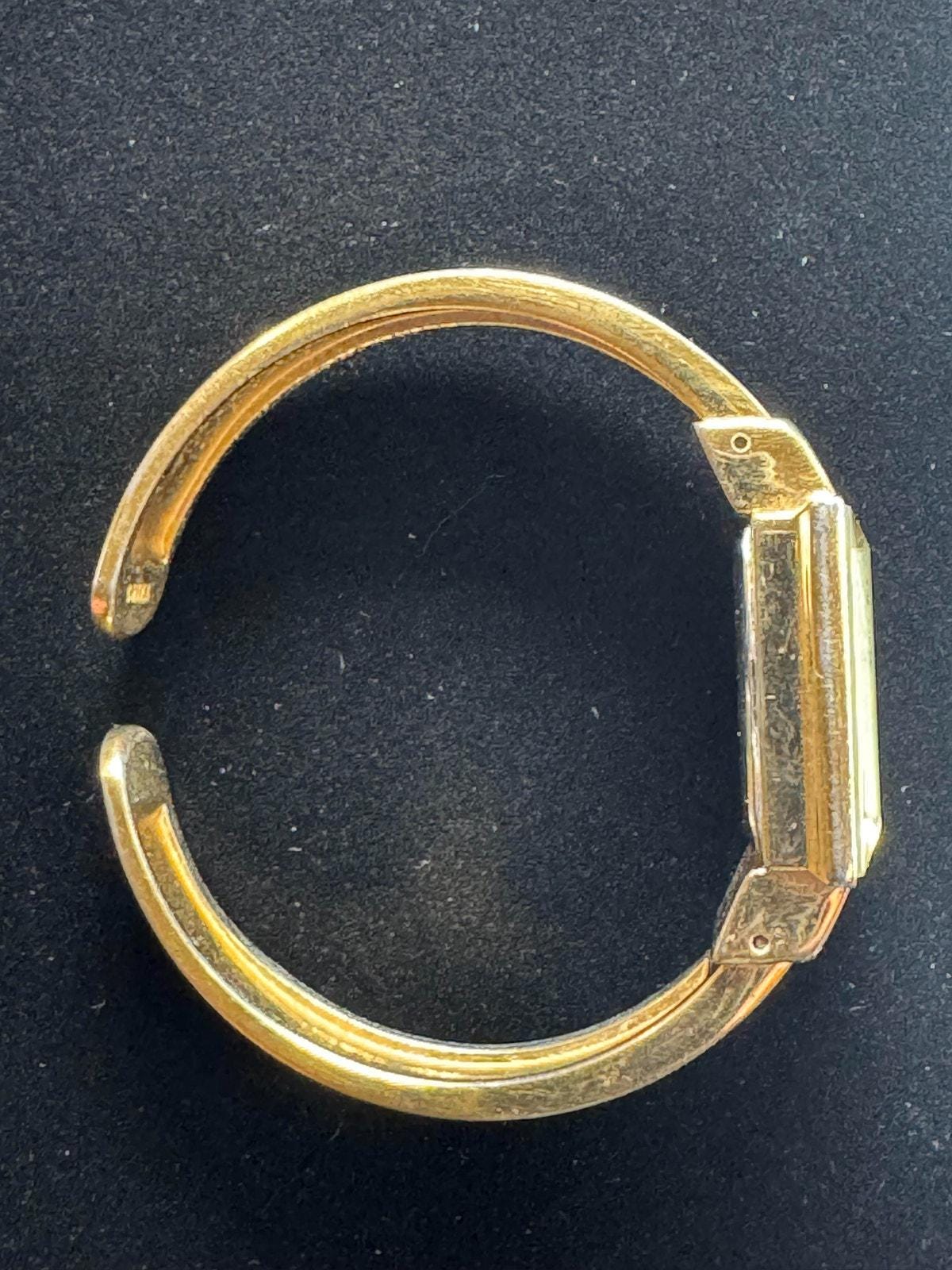 Vintage Ladies Bangle Watch - Gold Tone | Rectangular Case | Silver Dial | Japan Movement | Open Cuff Design - BatCountryCraftsUSA