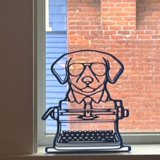 A psychedelic-inspired door topper featuring the silhouette of Hunter S. Thompson&#39;s iconic dog, displayed in vibrant colors above a white door frame against a white background. This unique decorative piece is made in the USA.