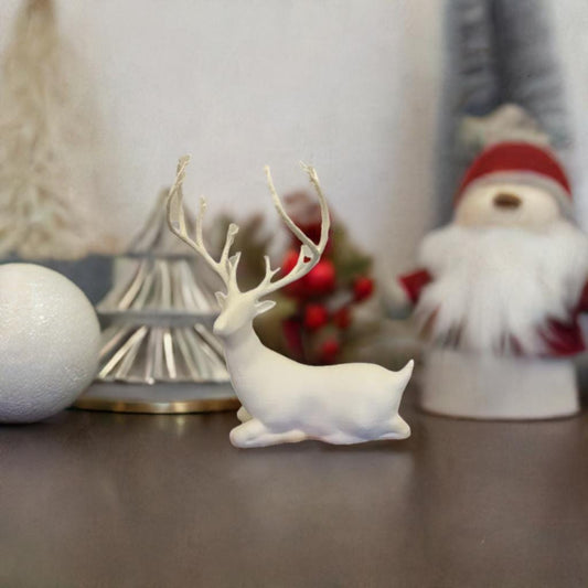 Laying Christmas Deer | Peaceful Winter Reindeer Figure | Holiday Deer Display | Elegant Resting Deer Decor | Mantel Accent Piece - BatCountryCraftsUSA