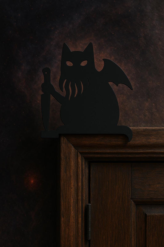 Cthulhu Cat with Knife Door Topper | Lovecraftian Halloween Decor | Gothic Door Frame Art | Horror Cat Silhouette | Spooky Home Accent - BatCountryCraftsUSA
