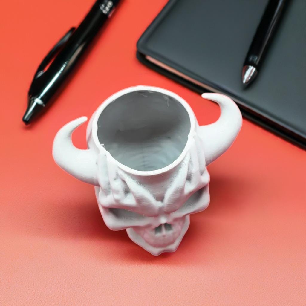 Demon Skull Pen Cup | Horned Skeleton Pen Holder | Gothic Office Accessory | Halloween Pencil Organizer | Dark Fantasy Decor - BatCountryCraftsUSA