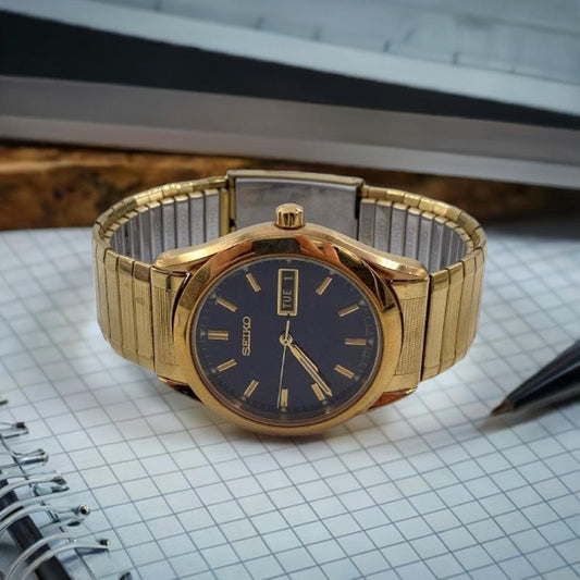 Vintage Seiko Blue Dial Watch | Gold Day Date Timepiece | 42mm Japanese Quartz | Collector's Item | Working Condition - BatCountryCraftsUSA