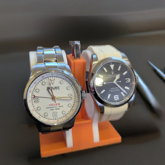 Double Watch Stand with Tool Slots | Compact Display Holder for Smaller Wrists | Strap Change Organizer for Desk, Dresser, or Watch Bench - BatCountryCraftsUSA