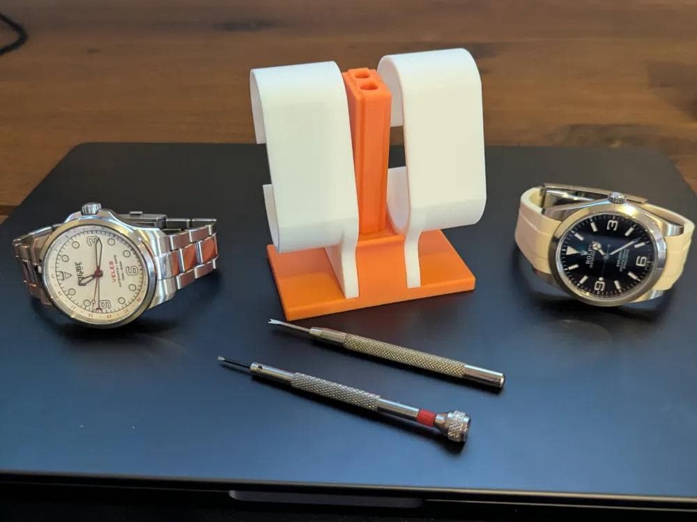 Double Watch Stand with Tool Slots | Compact Display Holder for Smaller Wrists | Strap Change Organizer for Desk, Dresser, or Watch Bench - BatCountryCraftsUSA
