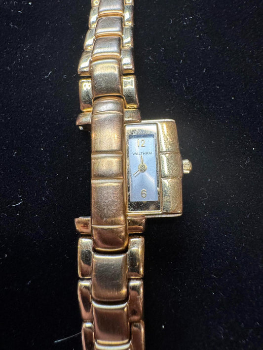 Vintage Waltham Ladies Watch - Gold Tone Rectangular Case | White Dial | Metal Link Bracelet | Model YWL359 PR11 | Japan Movement |Pre-Owned - BatCountryCraftsUSA