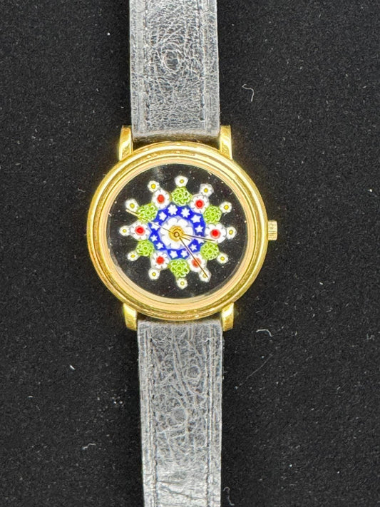 Vintage Millefiori Art Glass Watch - Gold Case | Colorful Floral Dial | Genuine Leather Two-Tone Band | Collectible Timepiece - BatCountryCraftsUSA