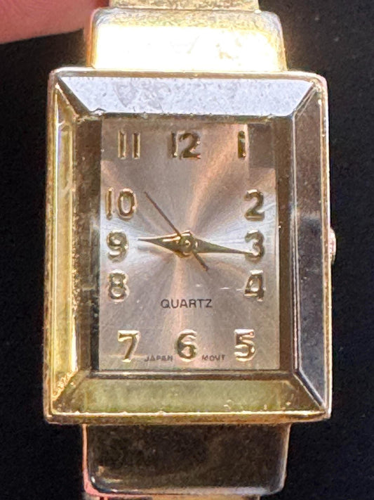 Vintage Ladies Bangle Watch - Gold Tone | Rectangular Case | Silver Dial | Japan Movement | Open Cuff Design - BatCountryCraftsUSA