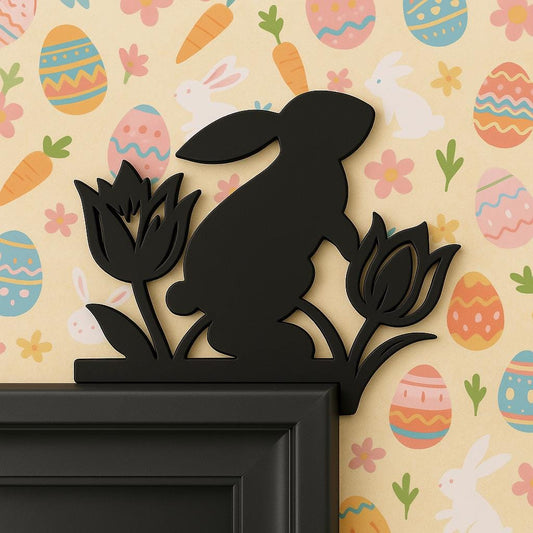 Easter Bunny with Tulips Door Topper | Spring Door Frame Decoration | Flower Bunny Silhouette | Easter Home Decor Holiday Door Corner Hanger - BatCountryCraftsUSA