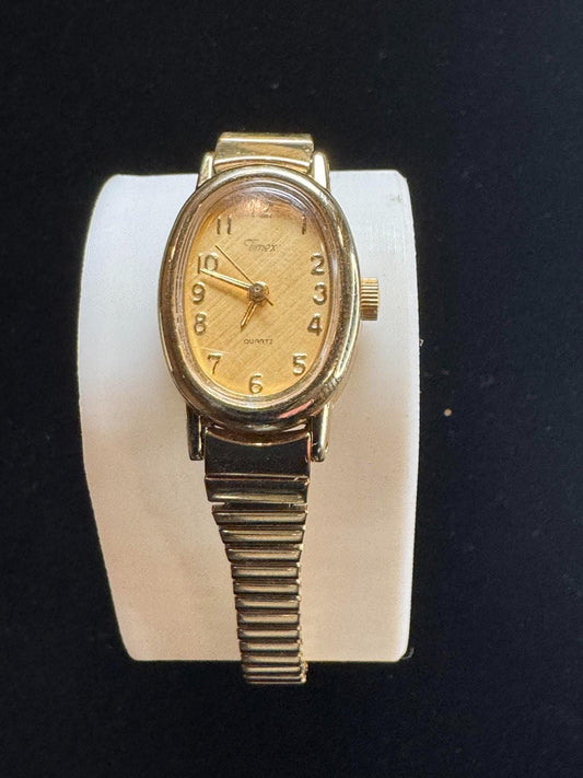 Vintage Timex Ladies Watch - Oval Gold Case | Gold Dial | Expansion Band | Quartz | Arabic Numerals - BatCountryCraftsUSA