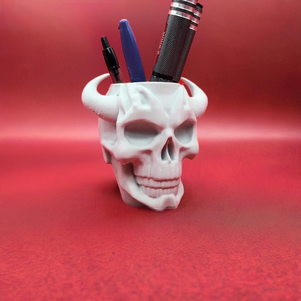 Demon Skull Pen Cup | Horned Skeleton Pen Holder | Gothic Office Accessory | Halloween Pencil Organizer | Dark Fantasy Decor - BatCountryCraftsUSA
