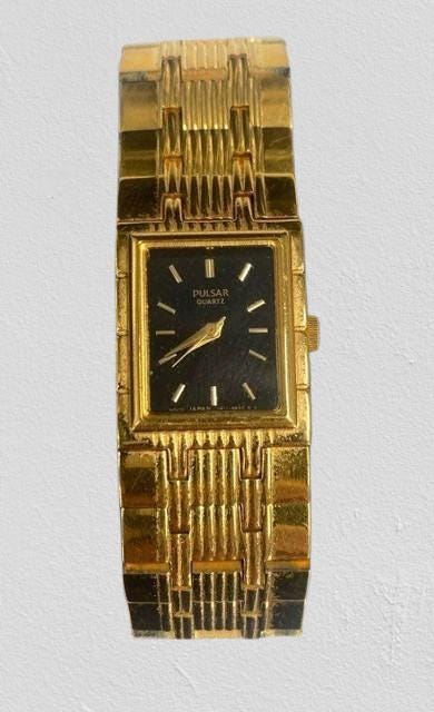 Vintage Pulsar Quartz Gold Watch | 8K Gold Plated Link Band & 14K Clasp | Rectangular Black Dial Japan Movement | Women's Dress Watch - BatCountryCraftsUSA