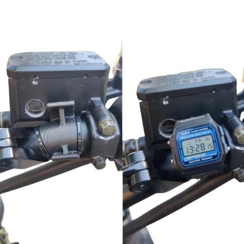 Motorcycle Handlebar Casio F-105W Watch Mount | Digital Clock Mount for Brake Reservoir | Moto Time Display for Cafe Racer & Street Bikes - BatCountryCraftsUSA