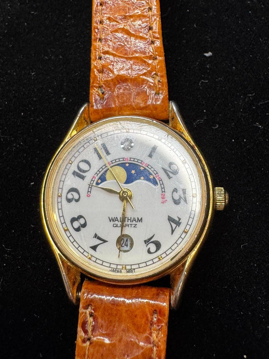 Vintage Waltham Moon Phase Watch - Gold Case | White Dial | Blue Moon Complication | Date Window | Genuine Leather Band | WB 050 012 - BatCountryCraftsUSA