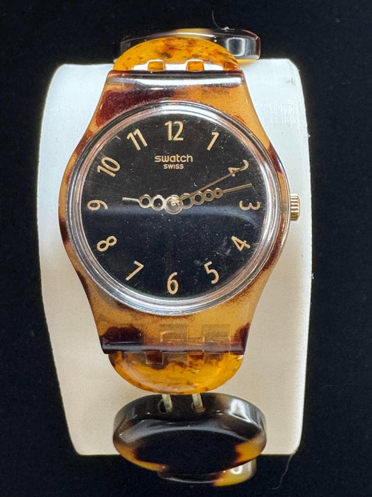 Vintage Swatch Watch - Tortoiseshell Pattern | Black Dial | Gold Numbers | Swiss Made | Plastic Bracelet - BatCountryCraftsUSA